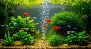 Colorful freshwater fish swimming in a well-maintained planted aquarium