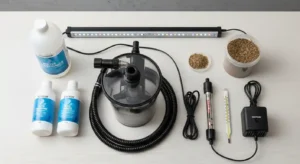 Aquarium equipment including filter, heater, air pump, and LED light laid out neatly