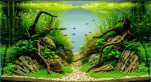 Aquascaping freshwater tank with live plants and decorative rocks