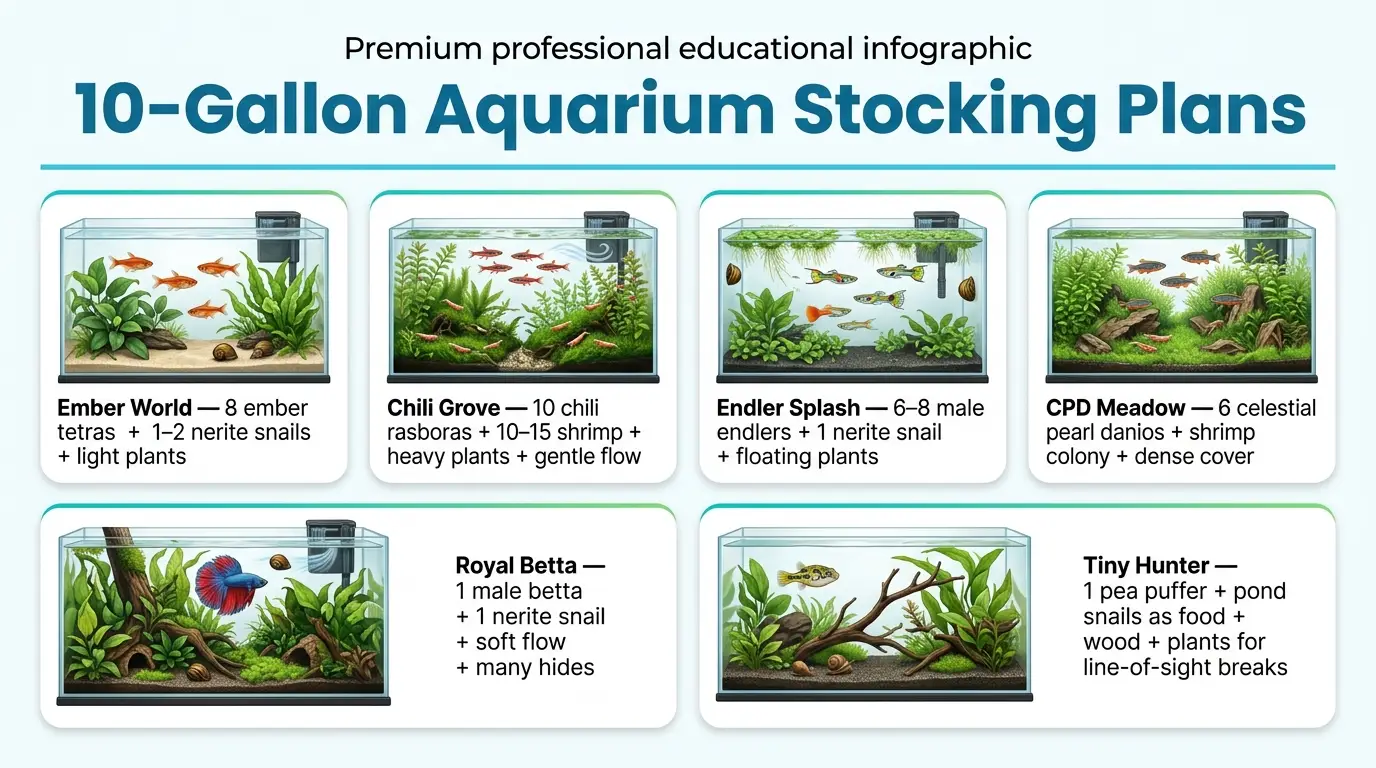 Several realistic 10-gallon aquarium stocking examples featuring ember tetras, chili rasboras, endlers, and shrimp.