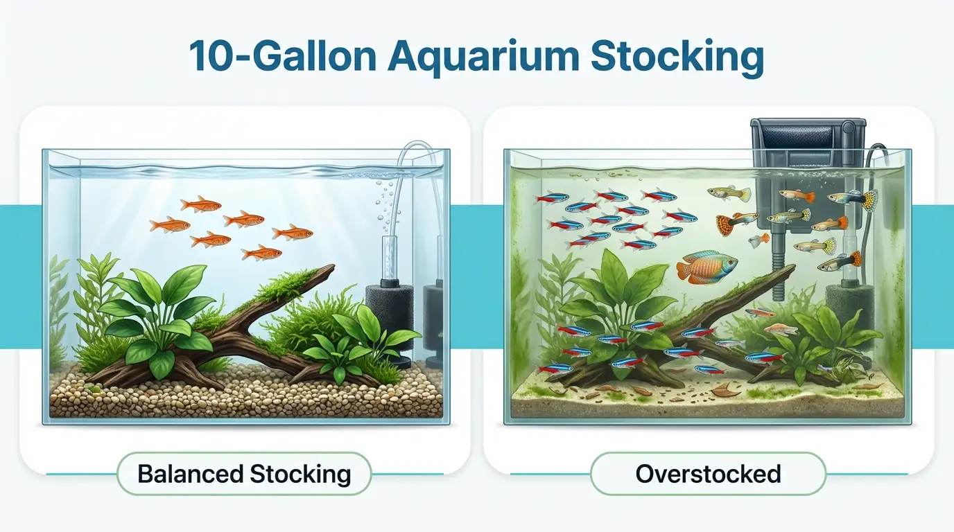 Visual comparison of a balanced 10-gallon aquarium and an overcrowded aquarium.
