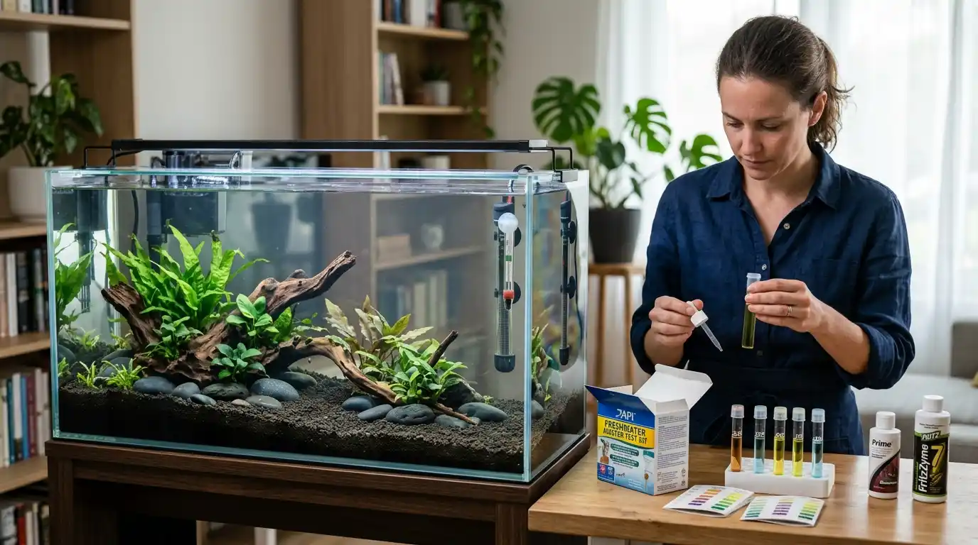 New 20-gallon aquarium being prepared with substrate, plants, filter, heater, and water testing before fish are added.