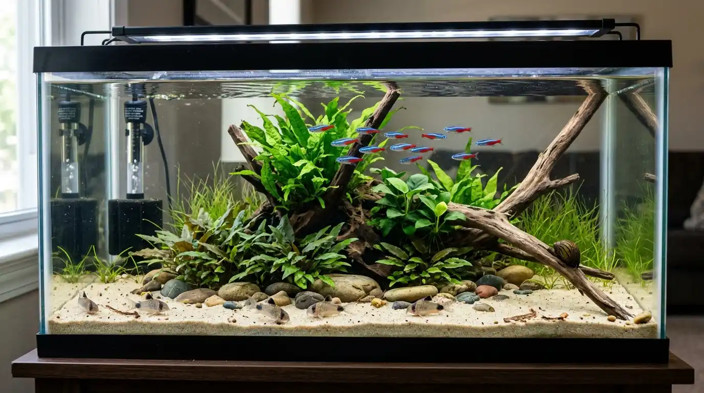 Peaceful 20-gallon long community aquarium with neon tetras, panda corydoras, and a nerite snail.