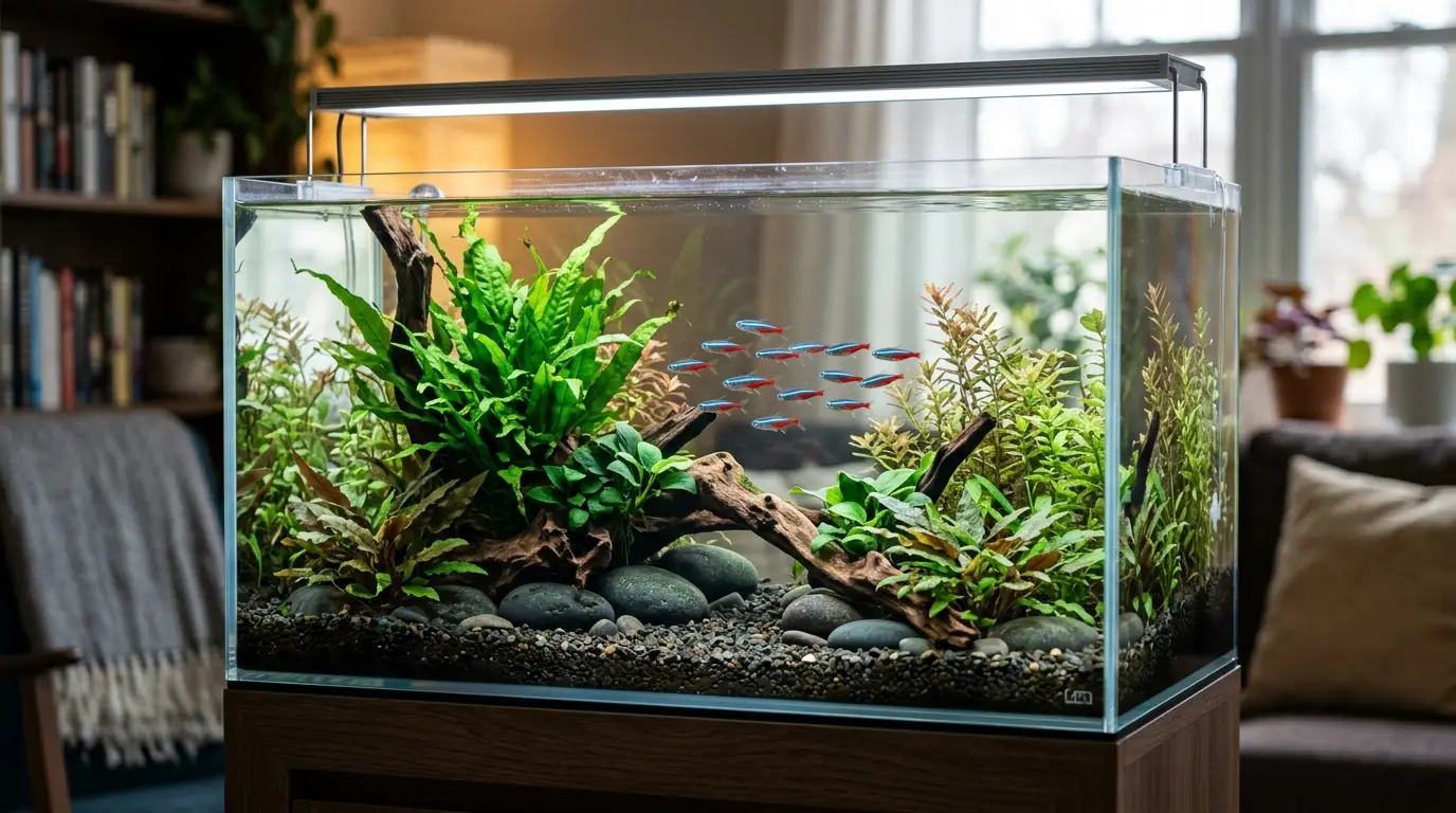 Healthy 20-gallon low-tech planted aquarium illuminated for a balanced daily photoperiod