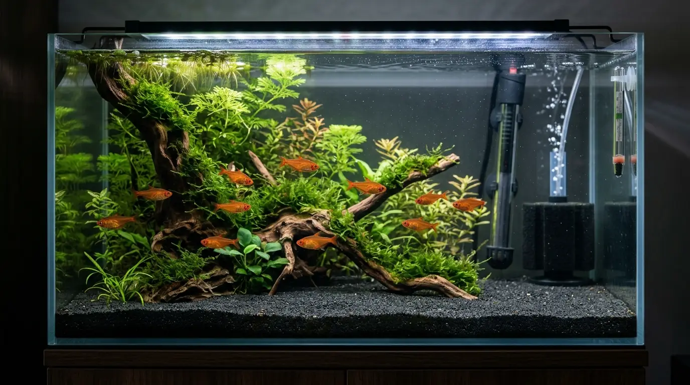 Ember tetras swimming in a planted aquarium with dark substrate, driftwood, moss, floating plants, and gentle filtration
