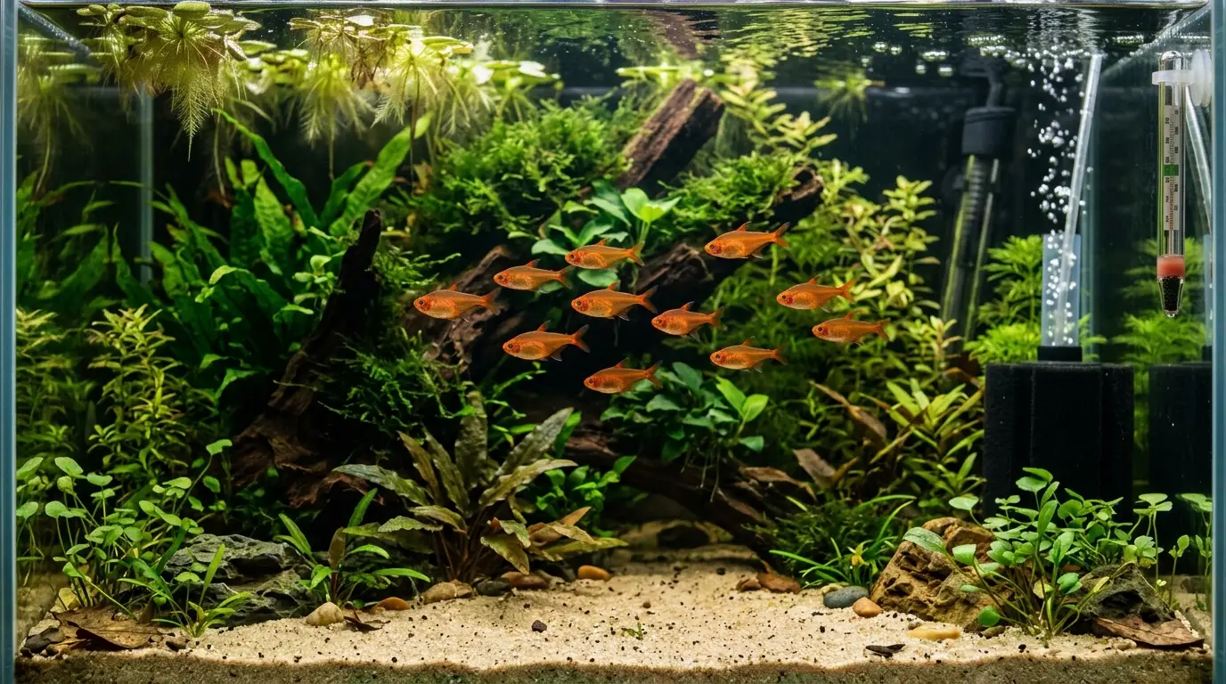 Healthy ember tetras schooling in clear warm freshwater among aquatic plants under gentle aquarium lighting