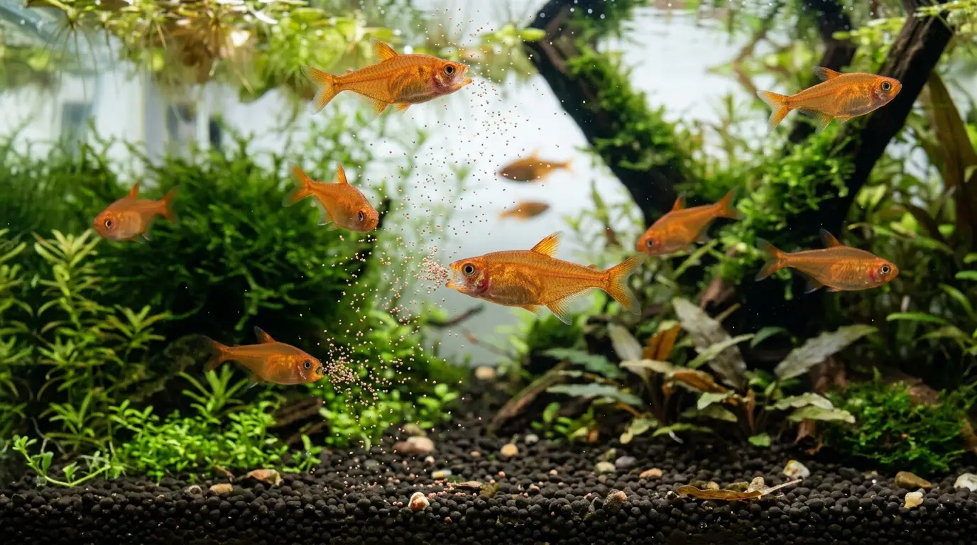 Ember tetras feeding on tiny micro-pellets and natural foods in a planted freshwater aquarium