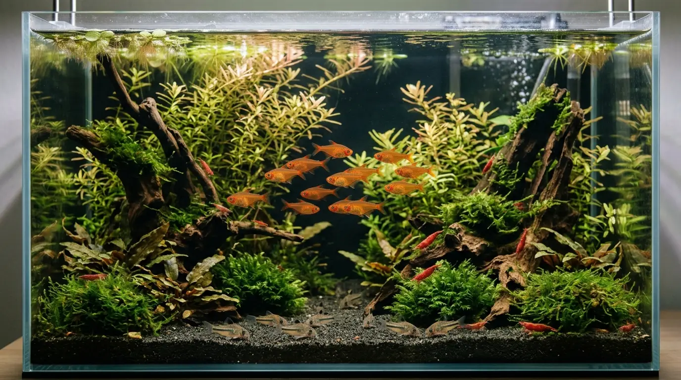Ember tetras schooling peacefully with pygmy corydoras and shrimp in a densely planted aquarium
