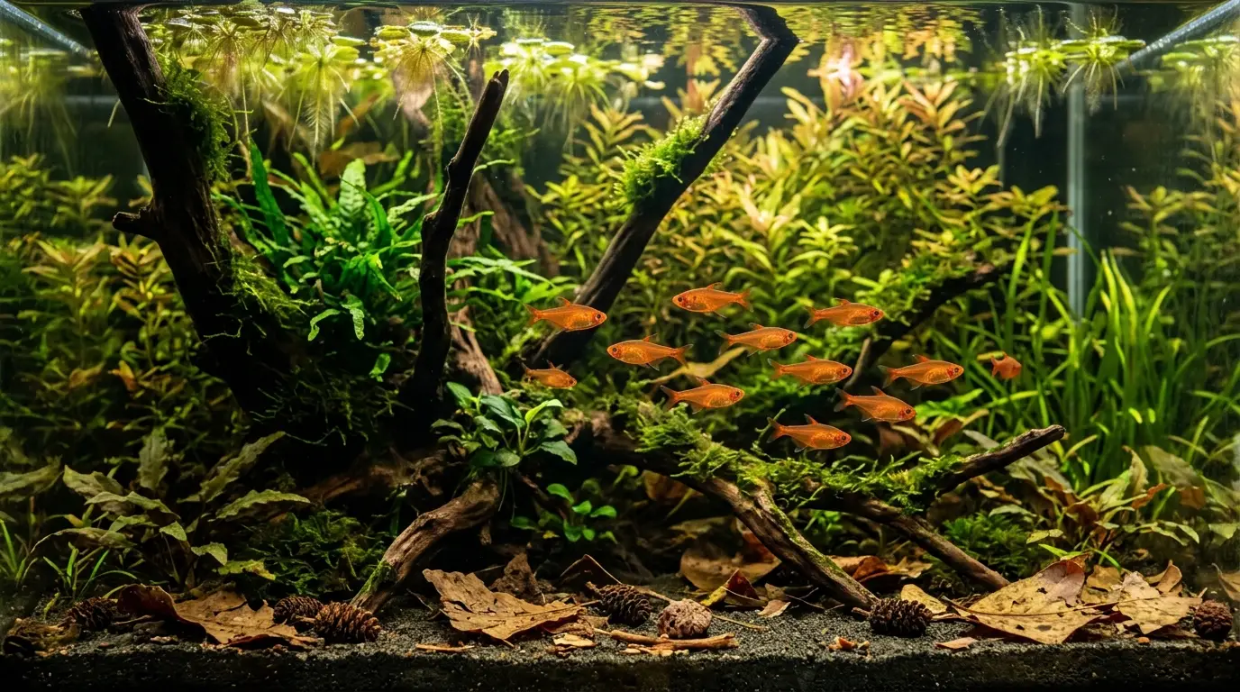 Ember tetras glowing orange above dark sand, moss, driftwood, catappa leaves, and floating plants