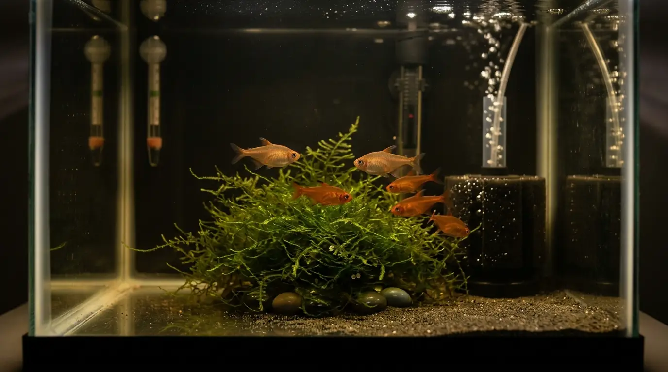 Ember tetras spawning in a dimly lit breeding aquarium with moss and soft water conditions