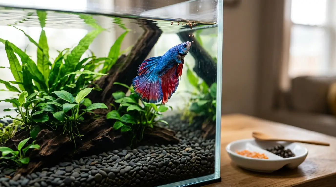 Betta fish feeding on high-protein pellets beside frozen daphnia and brine shrimp in an aquarium care setup