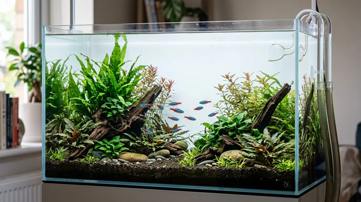 A mature planted freshwater aquarium with stable biological filtration and healthy water conditions ready for gradual fish stocking.