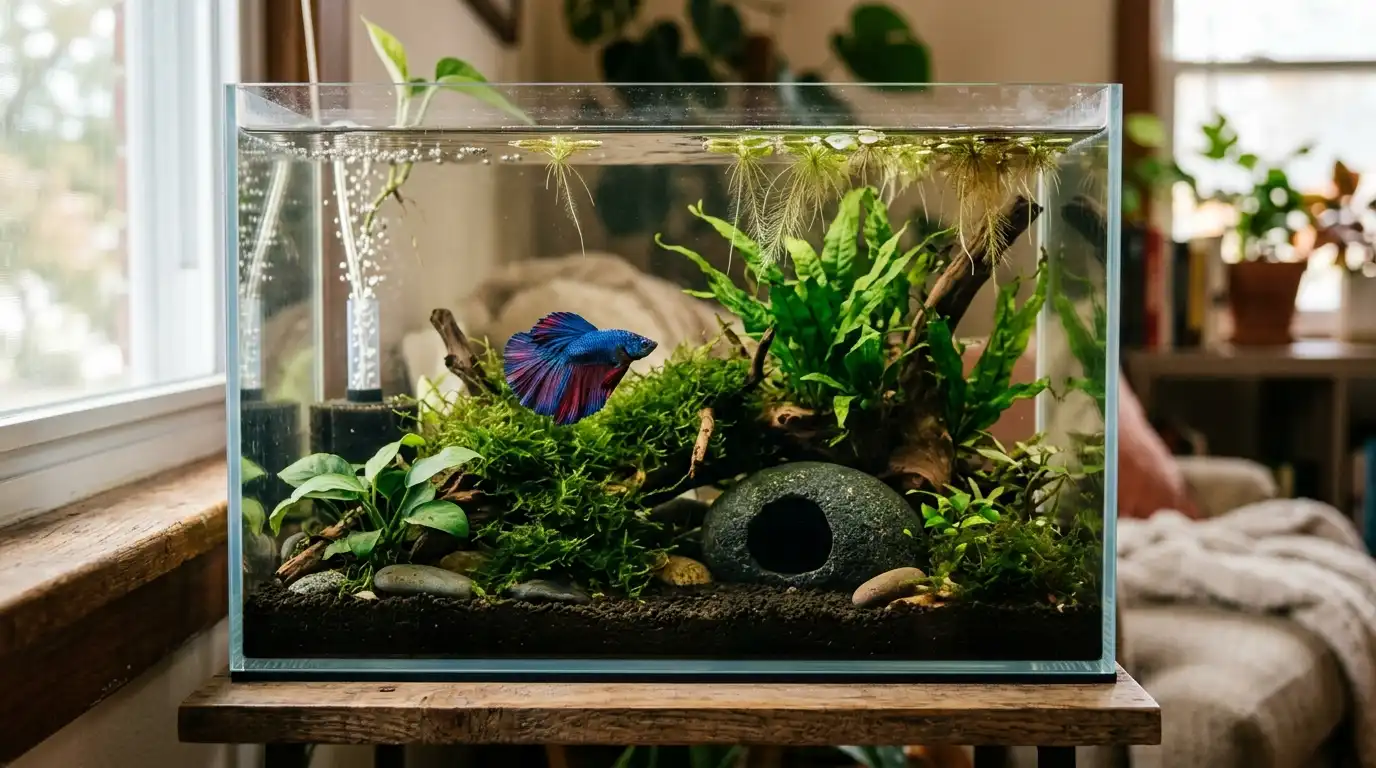 A healthy betta thriving in a mature planted 5-gallon aquarium with moss, floating plants, gentle filtration, and natural hiding places.