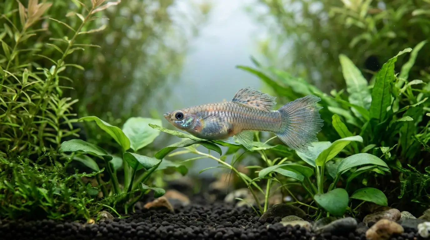 Older guppy resting calmly among aquatic plants in a clean mature aquarium