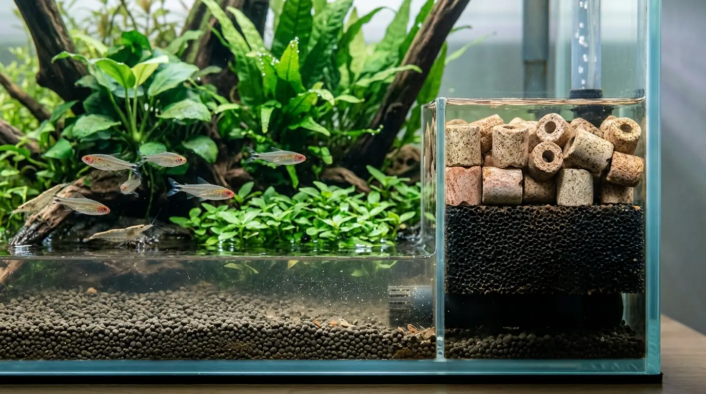Realistic freshwater aquarium illustrating the biological stages of ammonia, nitrite, and nitrate conversion