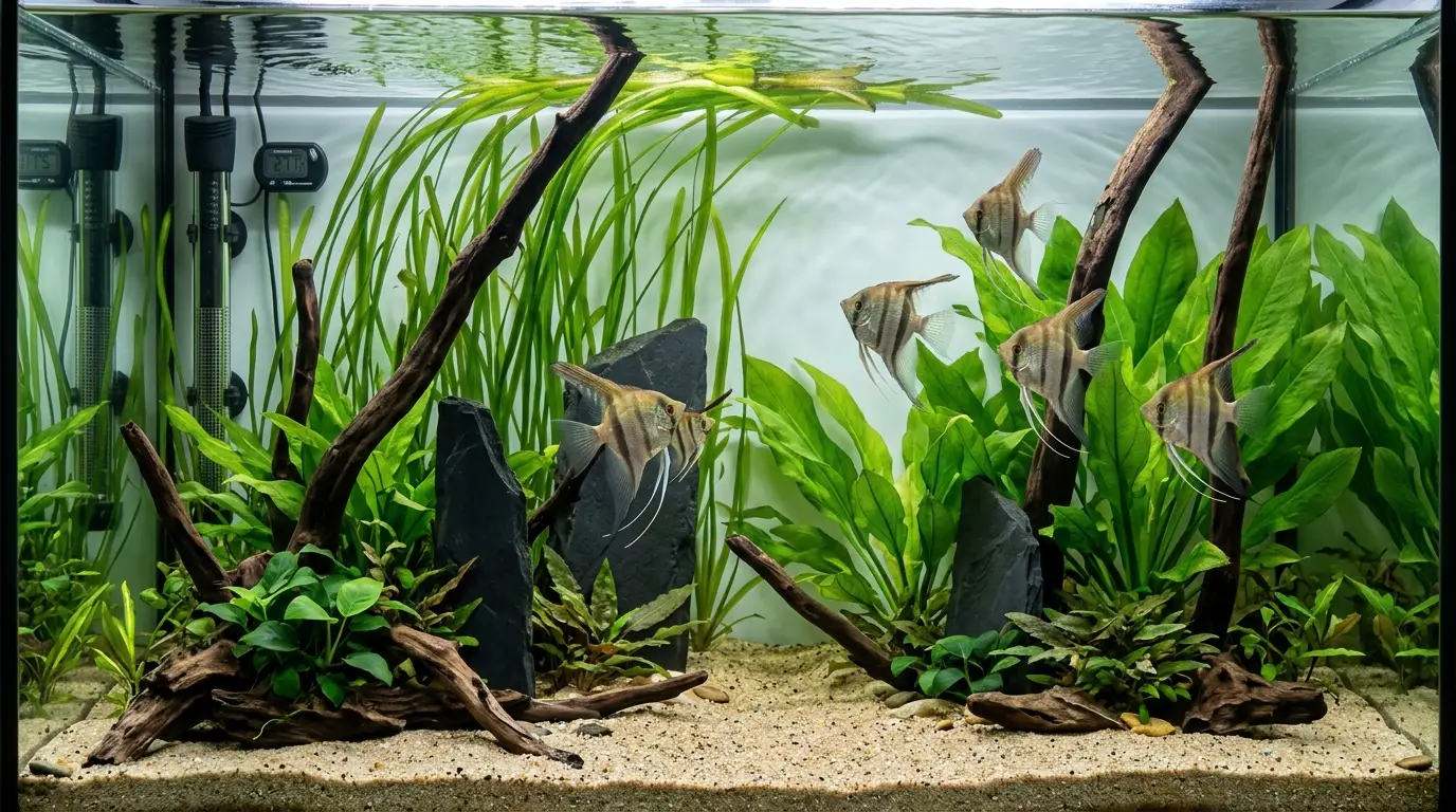 Tall planted angelfish aquarium featuring Amazon swords, vallisneria, driftwood, slate, and open swimming space.