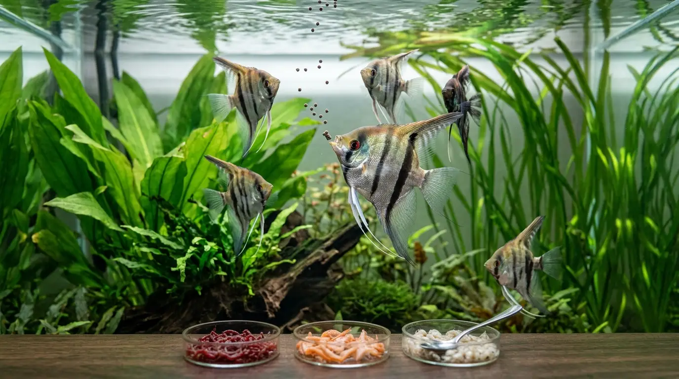 Healthy angelfish feeding on quality pellets and frozen foods in a planted freshwater aquarium. Placement: Below the heading "Diet and Feeding Routine"