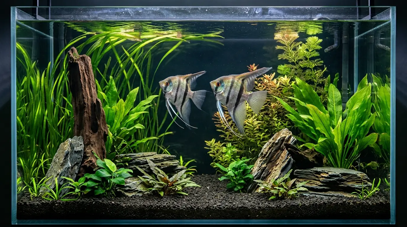 Adult angelfish swimming comfortably in a tall aquarium with open vertical space, Amazon swords, driftwood, and gentle circulation
