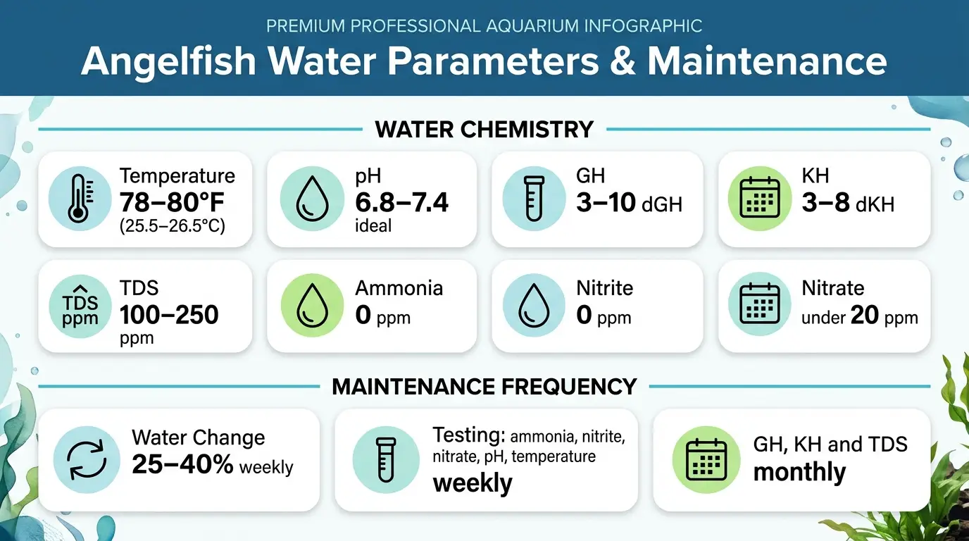 Clean educational comparison graphic showing key angelfish water parameters, tank temperature, pH, hardness, and maintenance targets.