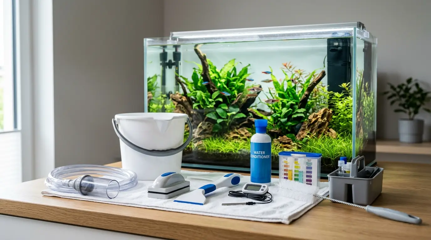 Aquarium cleaning tools including gravel siphon, algae scraper, thermometer, bucket, and water conditioner beside a freshwater fish tank