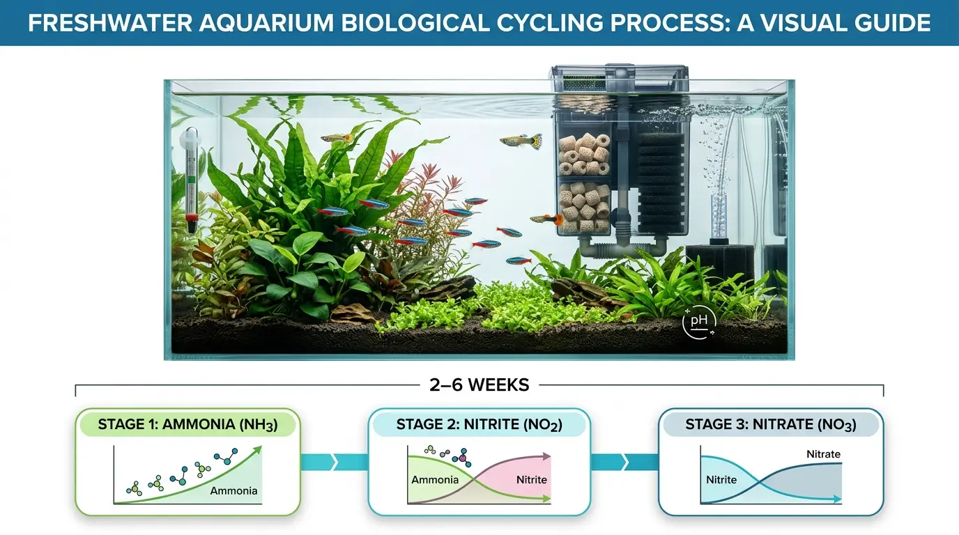 Freshwater aquarium progressing through a realistic nitrogen cycling period with developing biological filtration