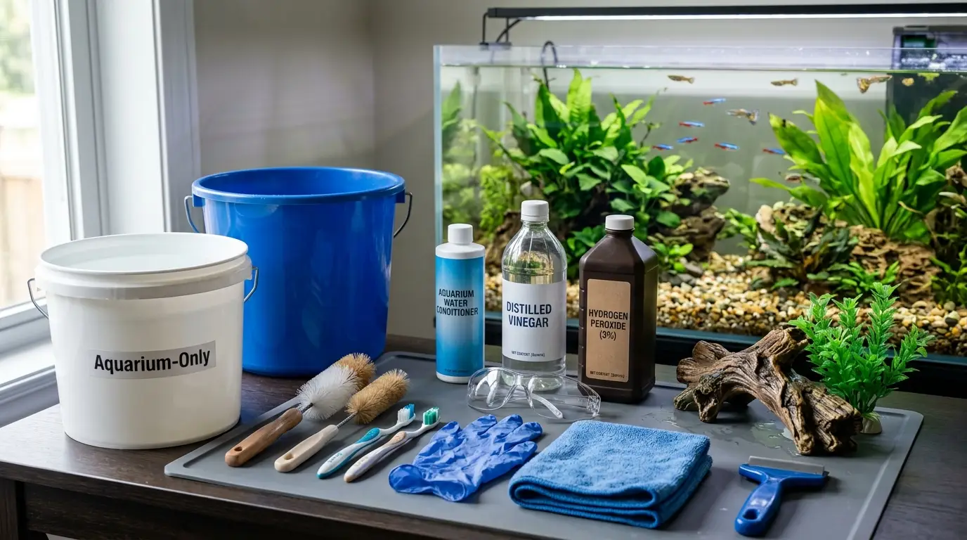 Aquarium cleaning tools including soft brushes, dedicated buckets, gloves, dechlorinator, vinegar, and hydrogen peroxide prepared for safe decoration cleaning