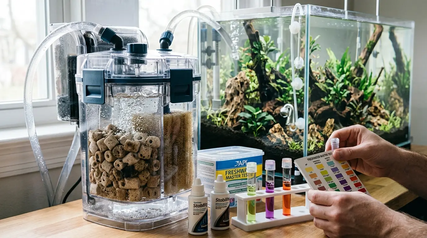 New aquarium filter seeded with mature biological media while water is tested during the nitrogen cycle.