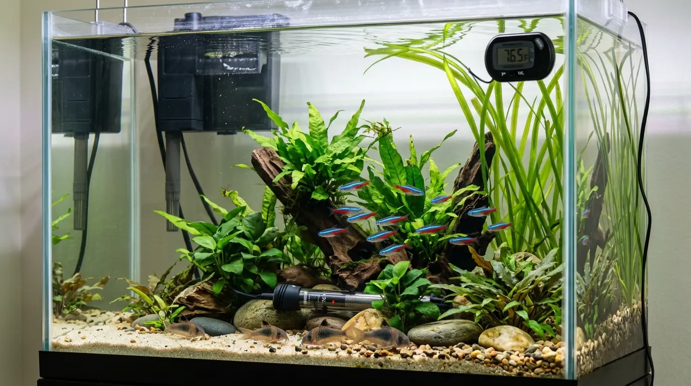 Proper placement of a freshwater aquarium filter, heater, and thermometer for stable water circulation