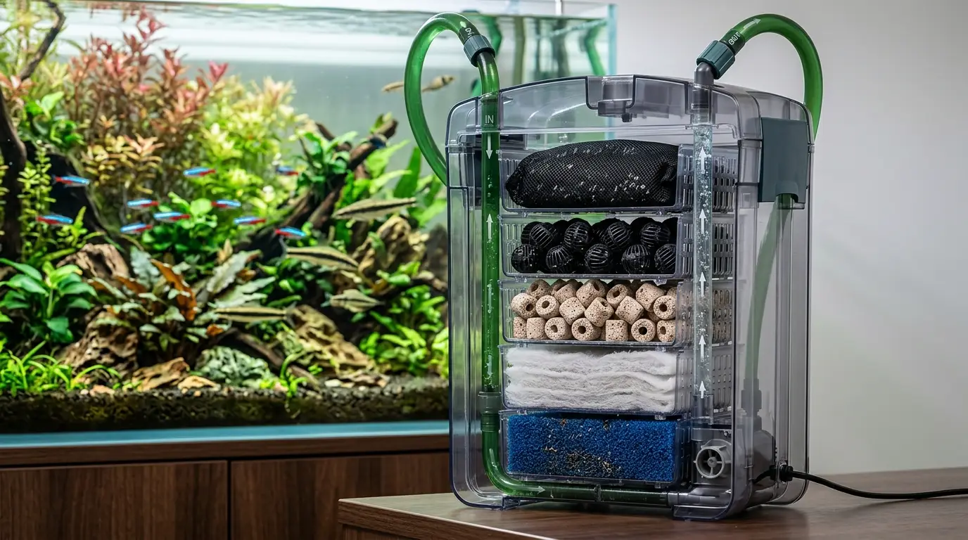 Aquarium filter media arranged from coarse mechanical sponge to fine floss, biological media, and optional chemical media.