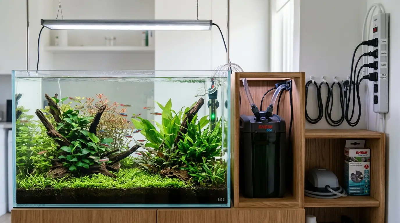 Safely organized aquarium electrical equipment with drip loops, filter, heater, and backup air pump.
