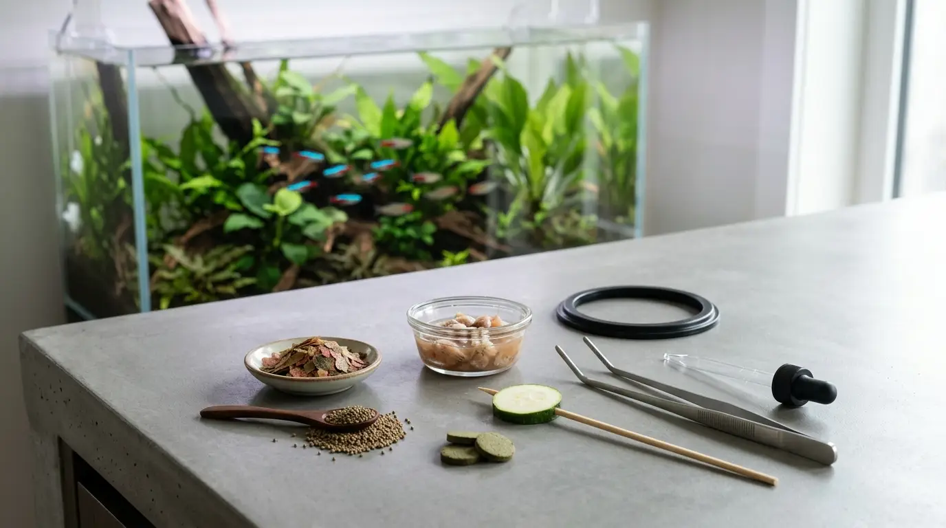 Aquarium fish food including flakes, micro pellets, frozen foods and feeding tools beside a planted aquarium