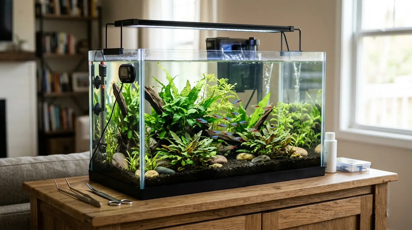 A beginner planted aquarium equipped with a filter, heater, full-spectrum LED light, thermometer, and essential aquascaping equipment.