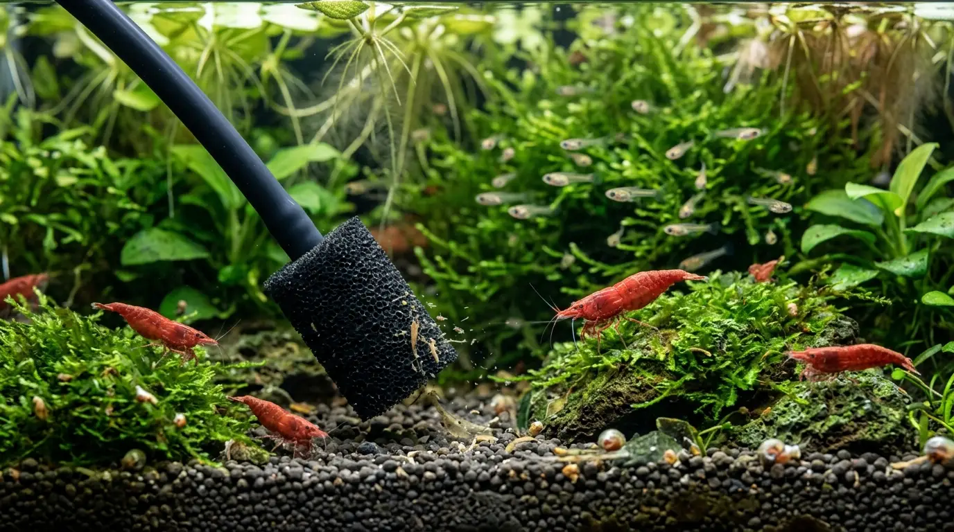 A gentle aquarium gravel vacuum with a protective pre-filter cleaning a planted shrimp and fry tank.