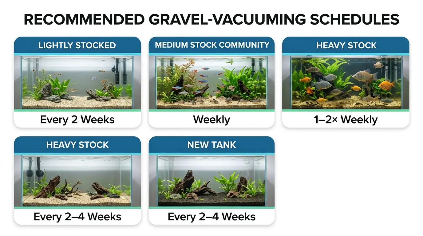 Different freshwater aquarium setups showing how gravel cleaning frequency varies between lightly stocked, community, heavily stocked, planted, and nano tanks.