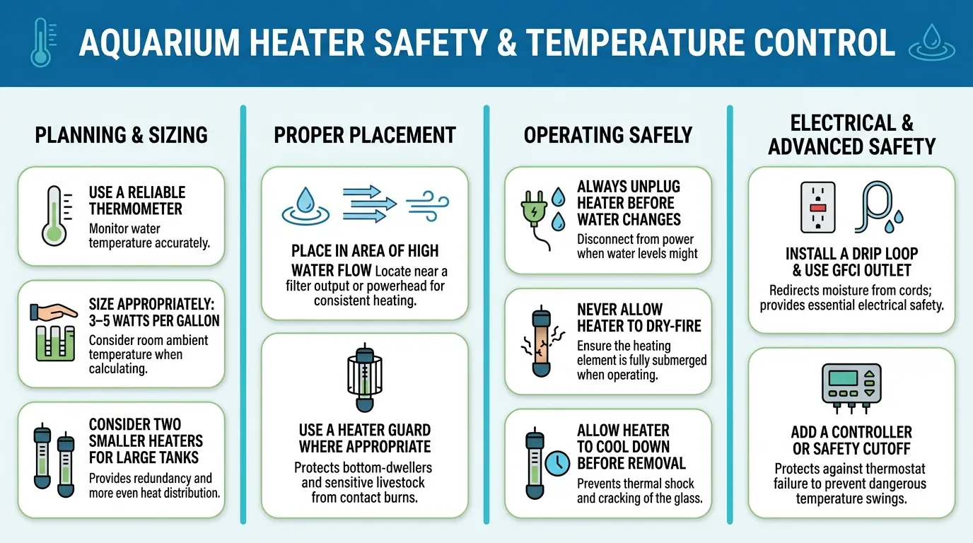 Aquarium heater, digital thermometer, controller, and safe electrical setup in a tropical fish tank