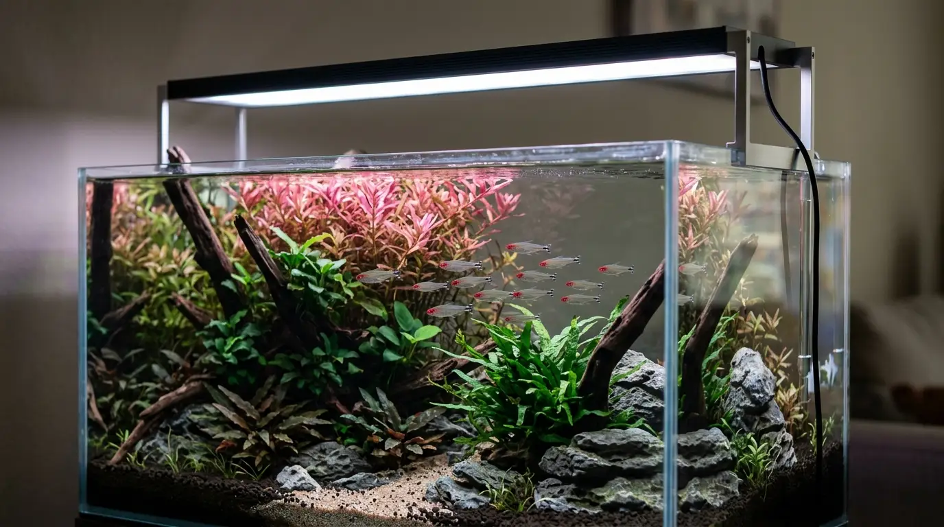 Modern LED aquarium light illuminating a planted freshwater aquarium with healthy plants and fish