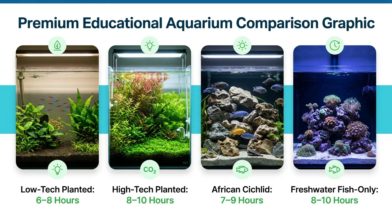 Realistic comparison scene showing freshwater planted, African cichlid, nano reef, and saltwater aquarium lighting environments