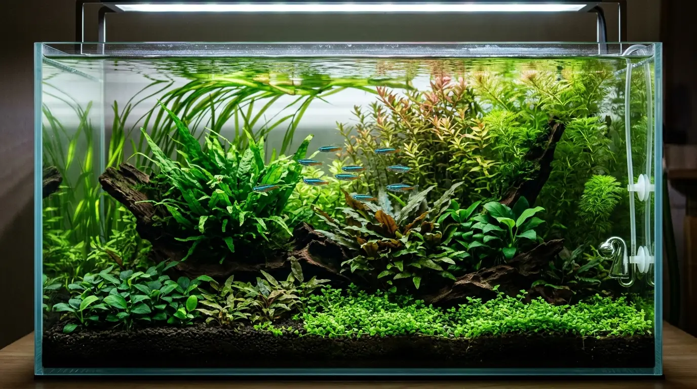 Planted aquarium illuminated by a balanced full-spectrum LED light with healthy green aquatic plants and clear water