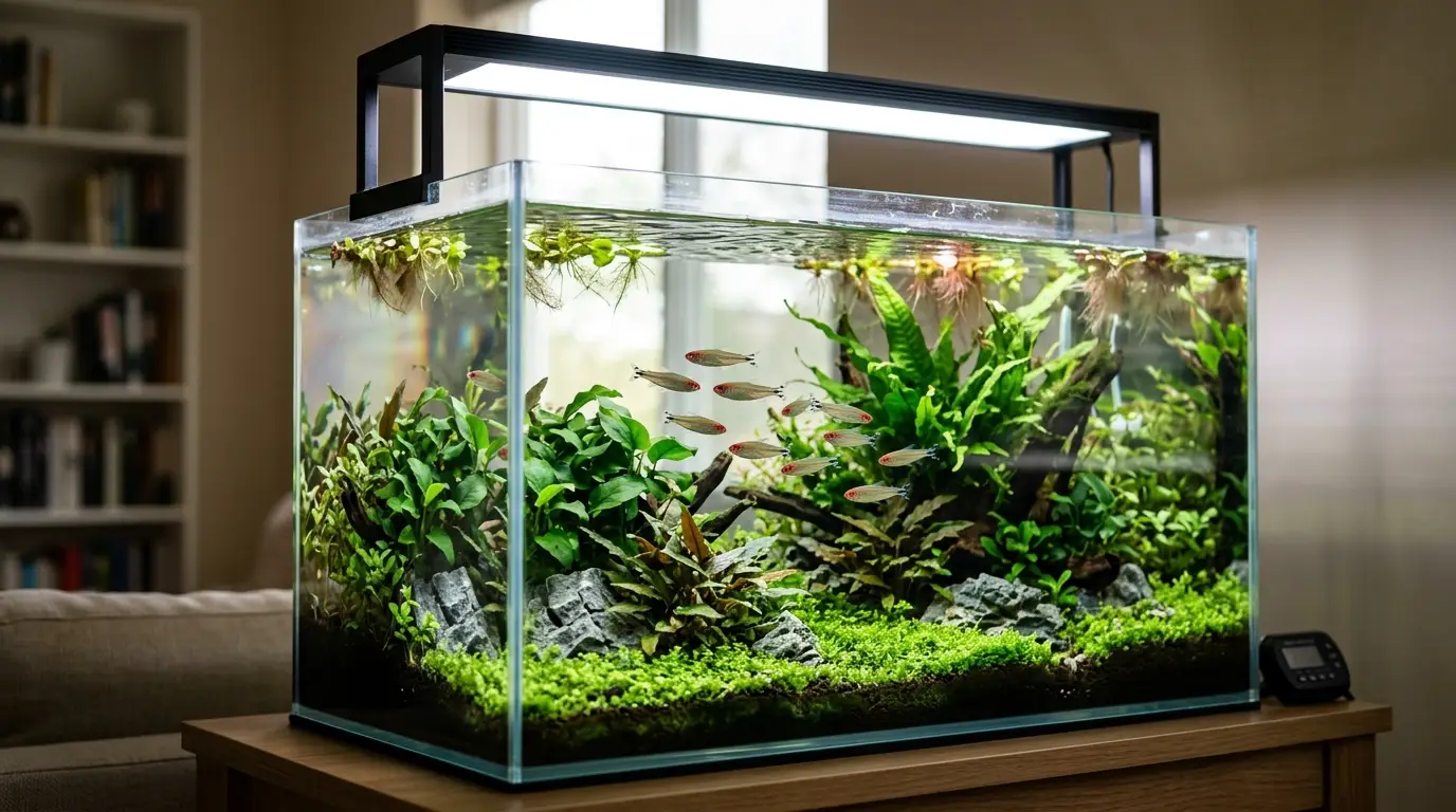 A planted freshwater aquarium receiving controlled artificial light with a timer and no direct sunlight exposure.