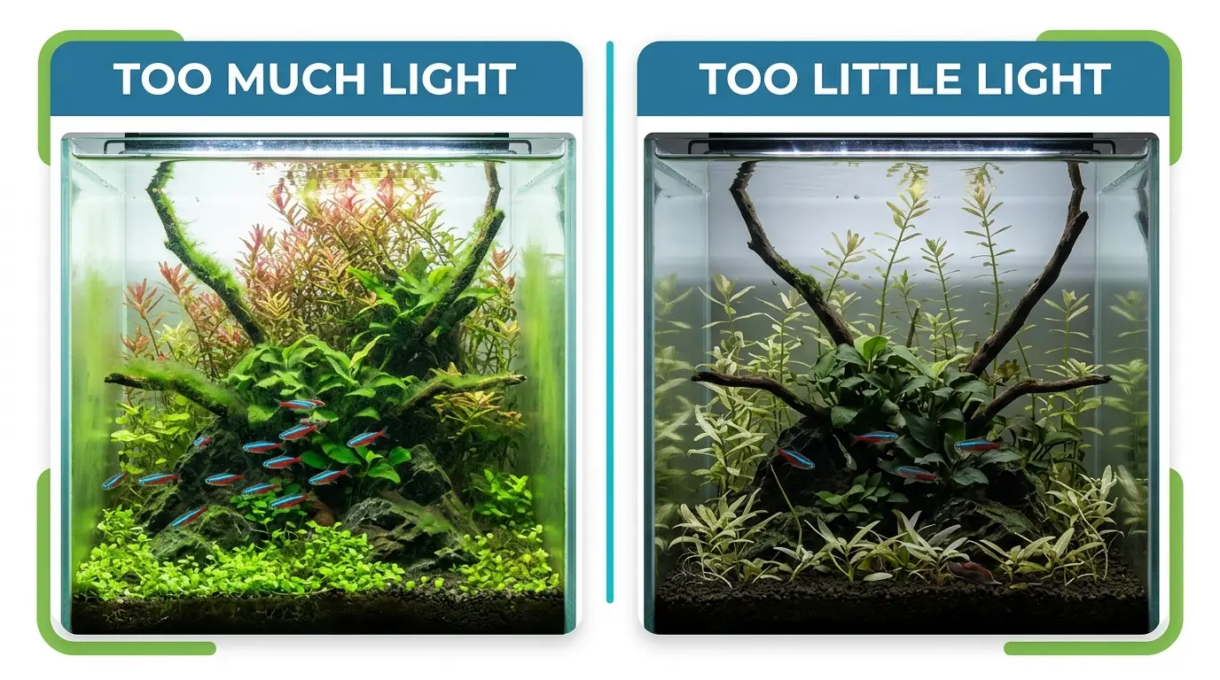 Visual comparison of aquarium conditions showing excessive algae from too much light and pale plants from insufficient light