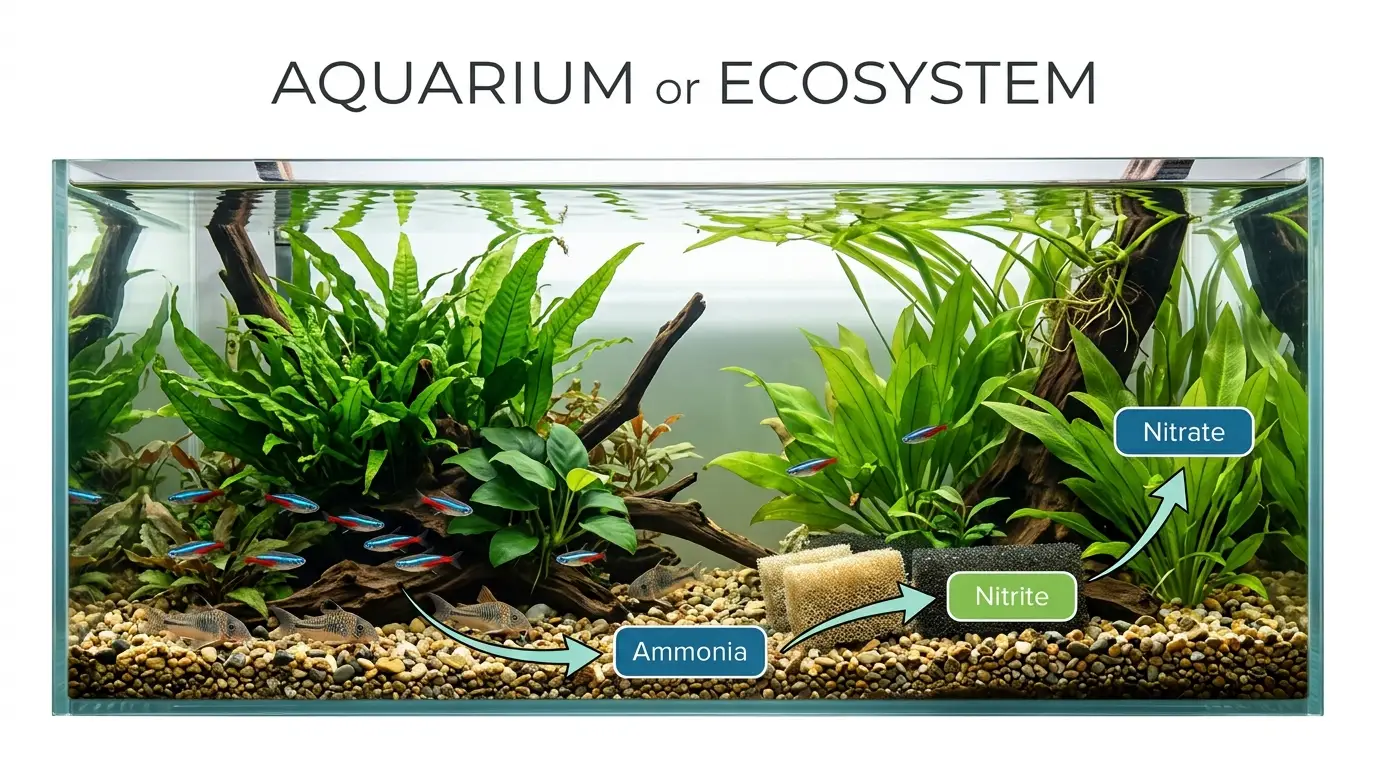 Realistic aquarium scene illustrating the natural conversion of ammonia to nitrite and nitrate by beneficial bacteria