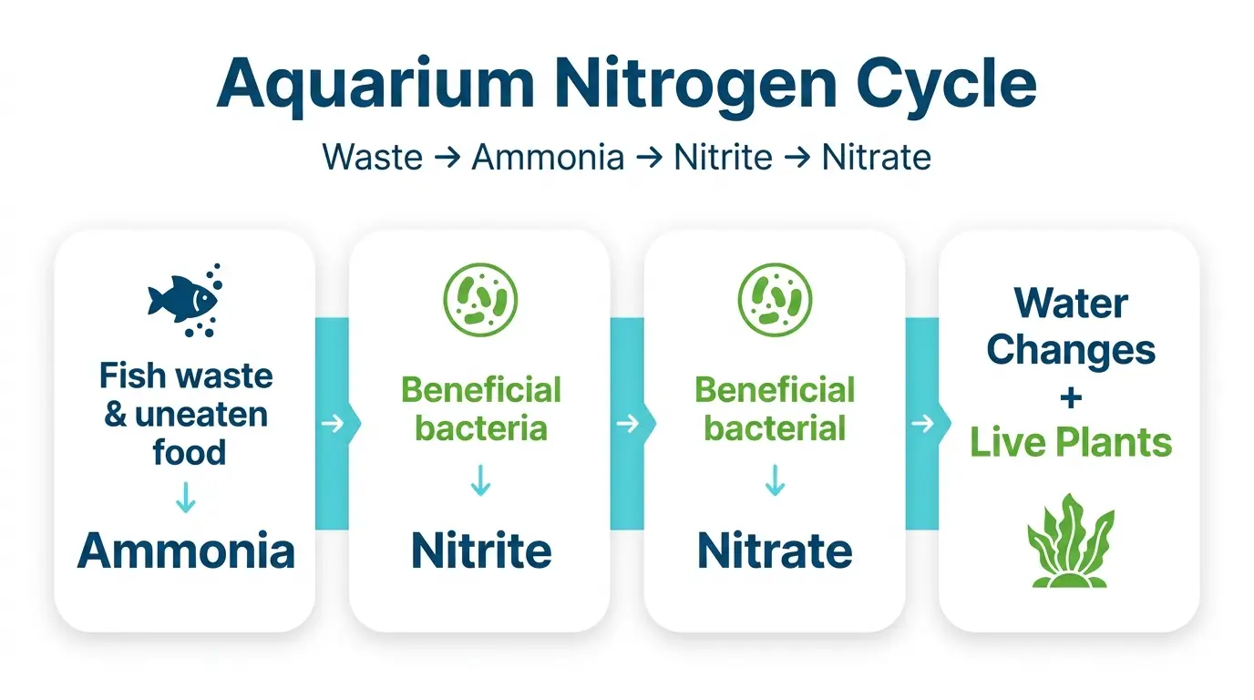 Educational nitrogen cycle infographic showing ammonia changing to nitrite and nitrate in a freshwater aquarium