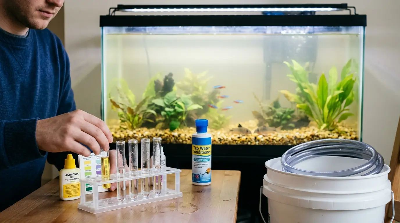 Freshwater aquarium troubleshooting scene with cloudy water, test tubes and filtration equipment