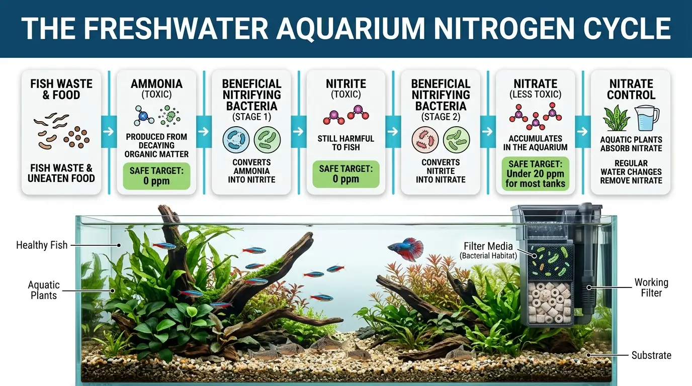 Realistic freshwater aquarium showing fish waste, beneficial bacteria habitat, filter media, and healthy planted tank ecosystem