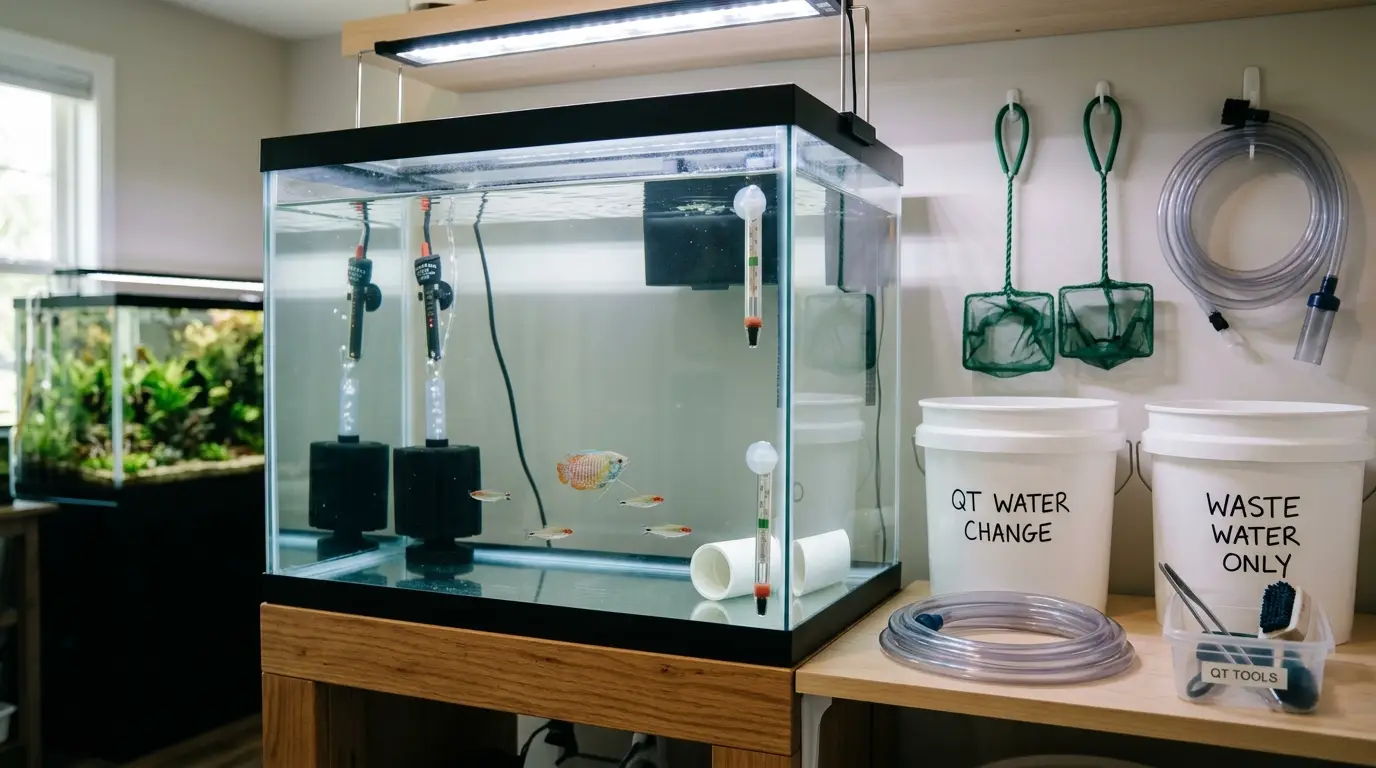 Separate quarantine aquarium with dedicated fishkeeping equipment used to prevent ich outbreaks