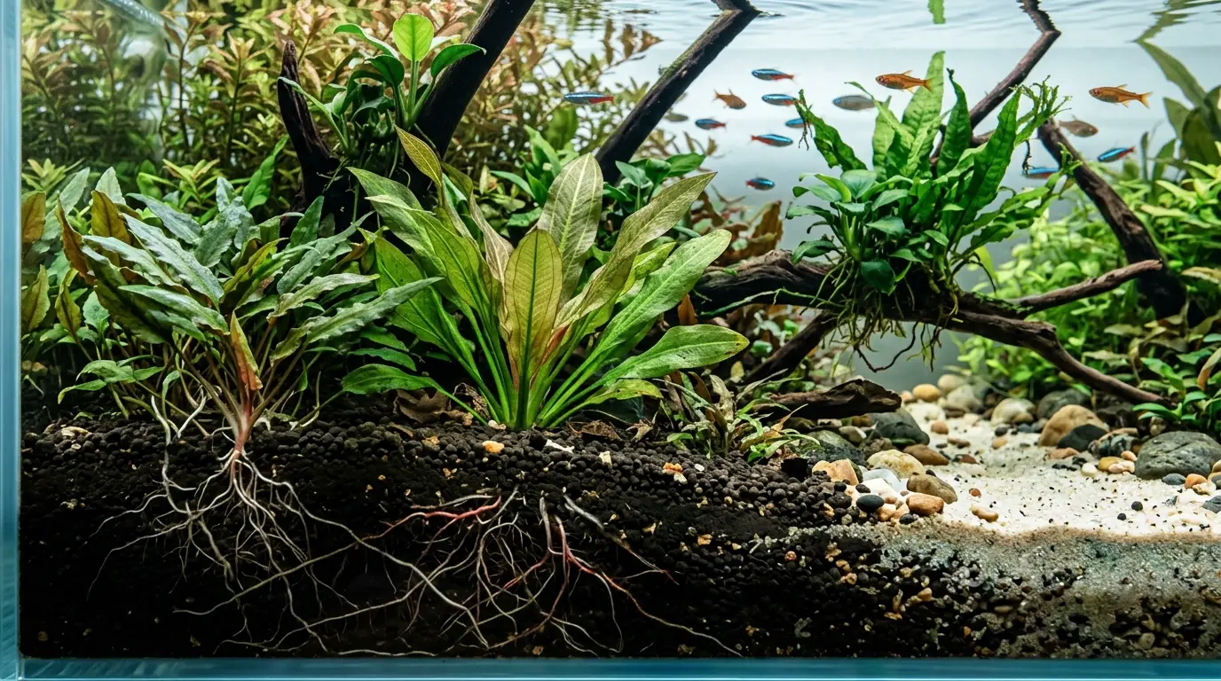 Healthy rooted aquarium plants growing in nutrient-rich substrate with driftwood and natural aquascaping
