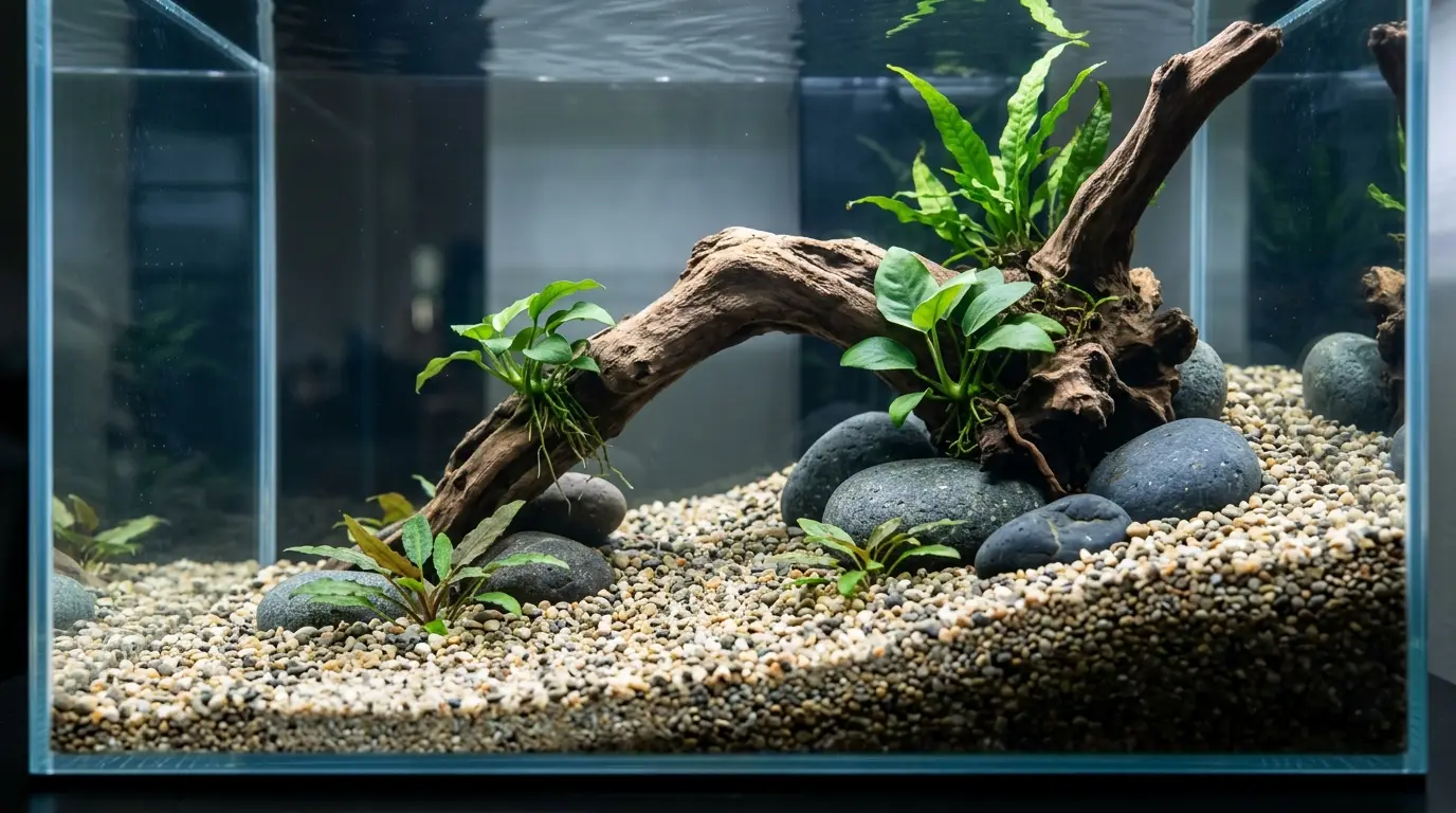 Beginner freshwater aquarium with rinsed substrate, natural driftwood, rocks, and easy live aquarium plants
