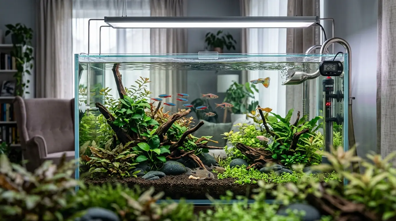 Tropical aquarium with heater, thermometer, lid, and gentle surface movement during seasonal temperature changes