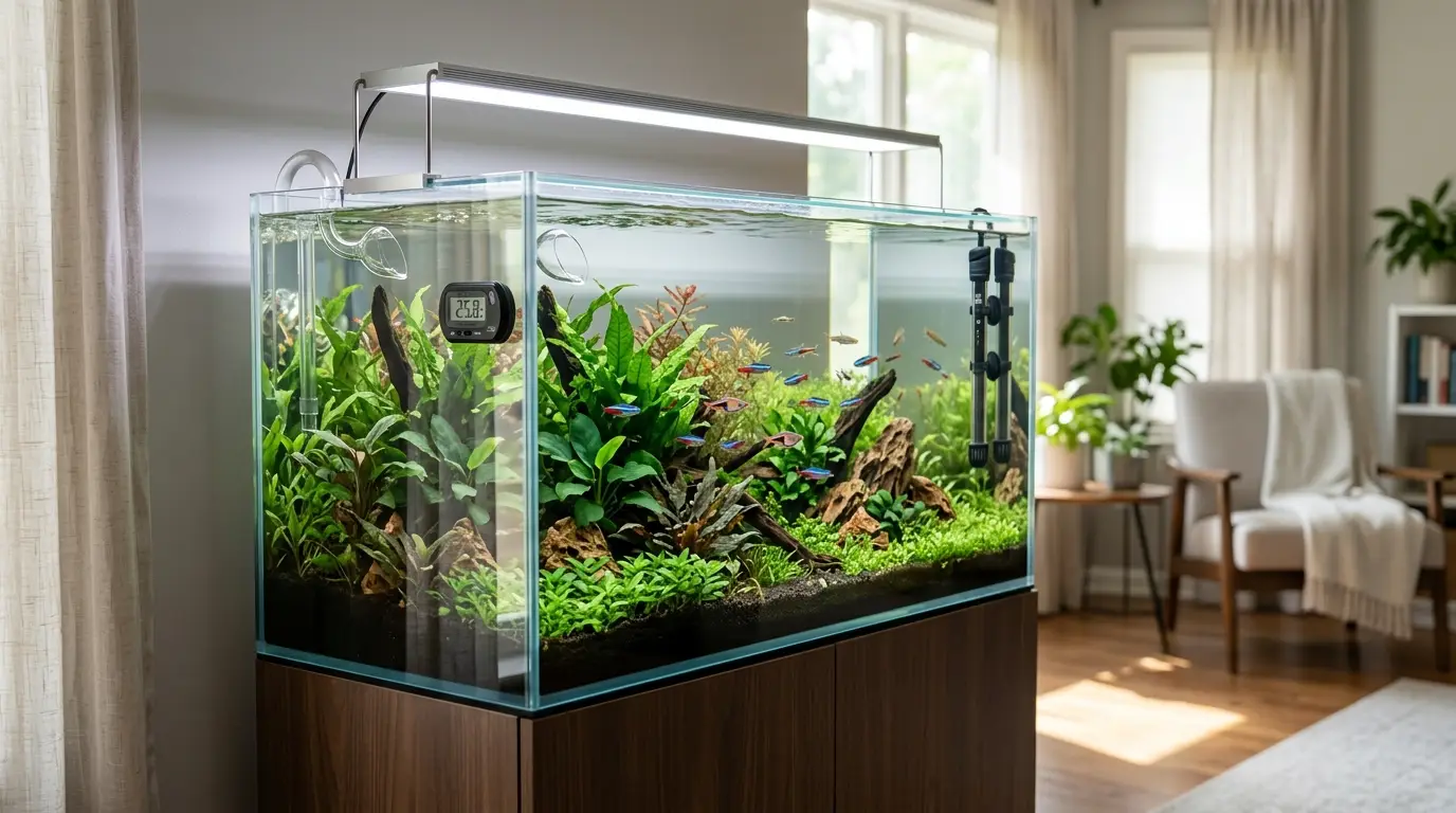 Tropical aquarium positioned safely away from direct sunlight with heater and stable environmental conditions