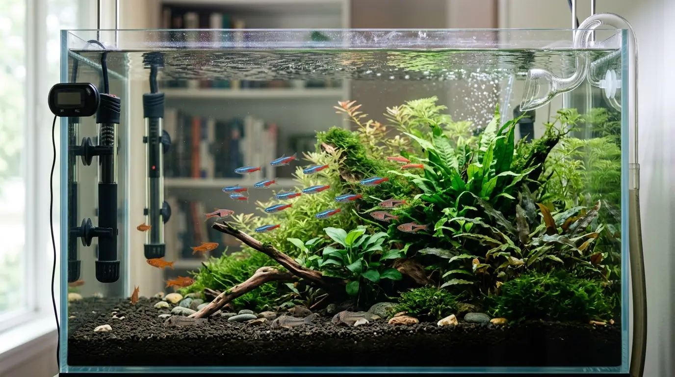 Tropical freshwater aquarium with heater, thermometer, surface agitation, and healthy fish in oxygen-rich water